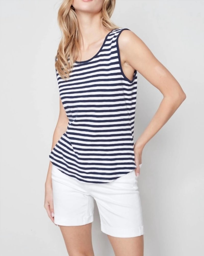 Front of a model wearing a size XL Striped Sleeveless Tank Top in Nautical in Nautical by CHARLIE B. | dia_product_style_image_id:332456
